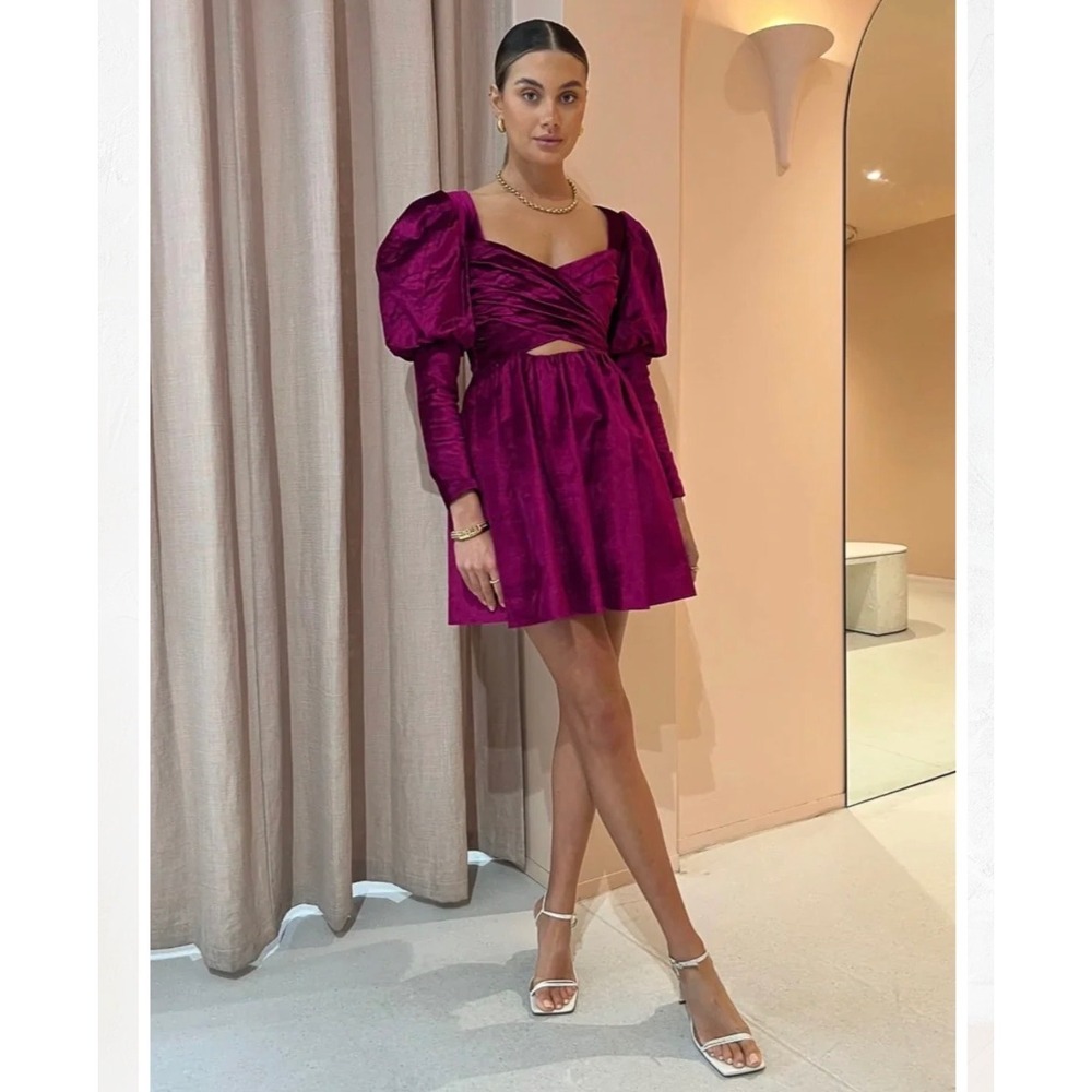 Alemais Rosario Puff Sleeve Mini Dress Fuchsia Pink Velvet Cutout 783D-10 Size 6